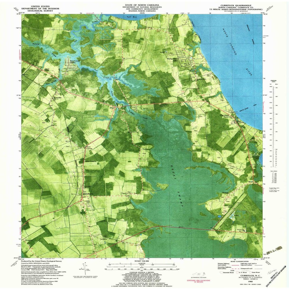 YellowMaps Currituck NC topo map, 1:24000 Scale, 7.5 X 7.5 Minute, Historical, 1982, Updated 1983, 26.9 x 21.9 in - Tyvek