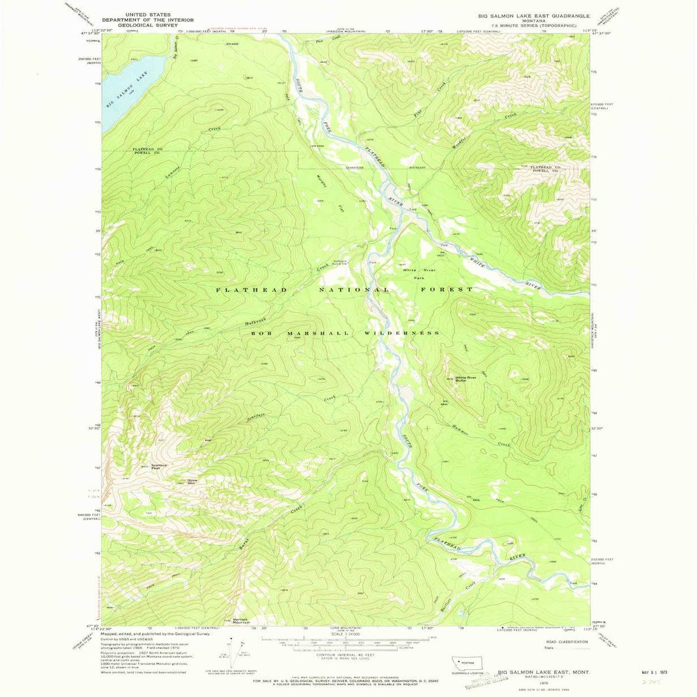 Big Salmon Lake East MT topo map, 1:24000 Scale, 7.5 X 7.5 Minute, Historical, 1970, Updated 1973, 26.8 x 22 in - Polypropylene