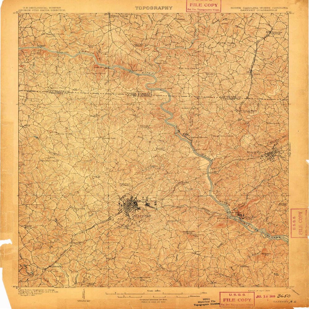 YellowMaps Gaffney SC topo map, 1:62500 Scale, 15 X 15 Minute, Historical, 1909, 19.7 x 16.4 in - Polypropylene