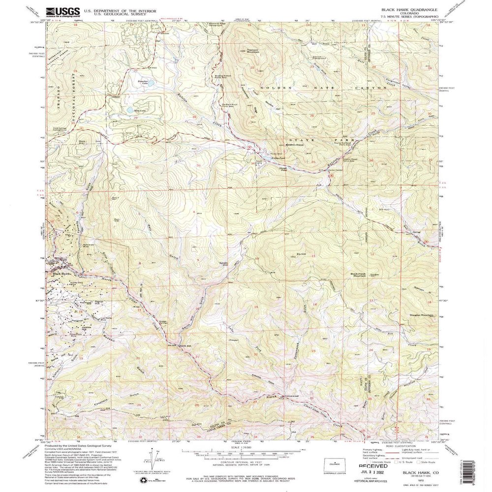 YellowMaps Black Hawk CO topo map, 1:24000 Scale, 7.5 X 7.5 Minute, Historical, 1972, Updated 1995, 26.7 x 21.9 in - Tyvek