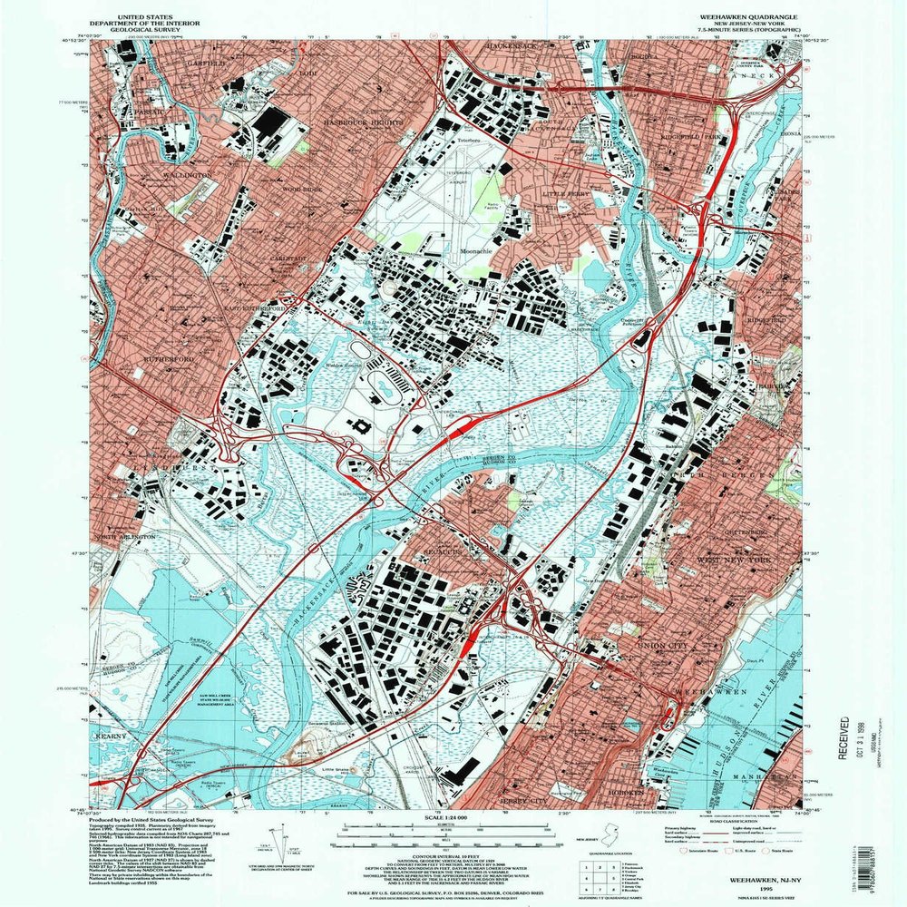 YellowMaps Weehawken NJ topo map, 1:24000 Scale, 7.5 X 7.5 Minute, Historical, 1995, Updated 1998, 26.9 x 22 in - Polypropylene