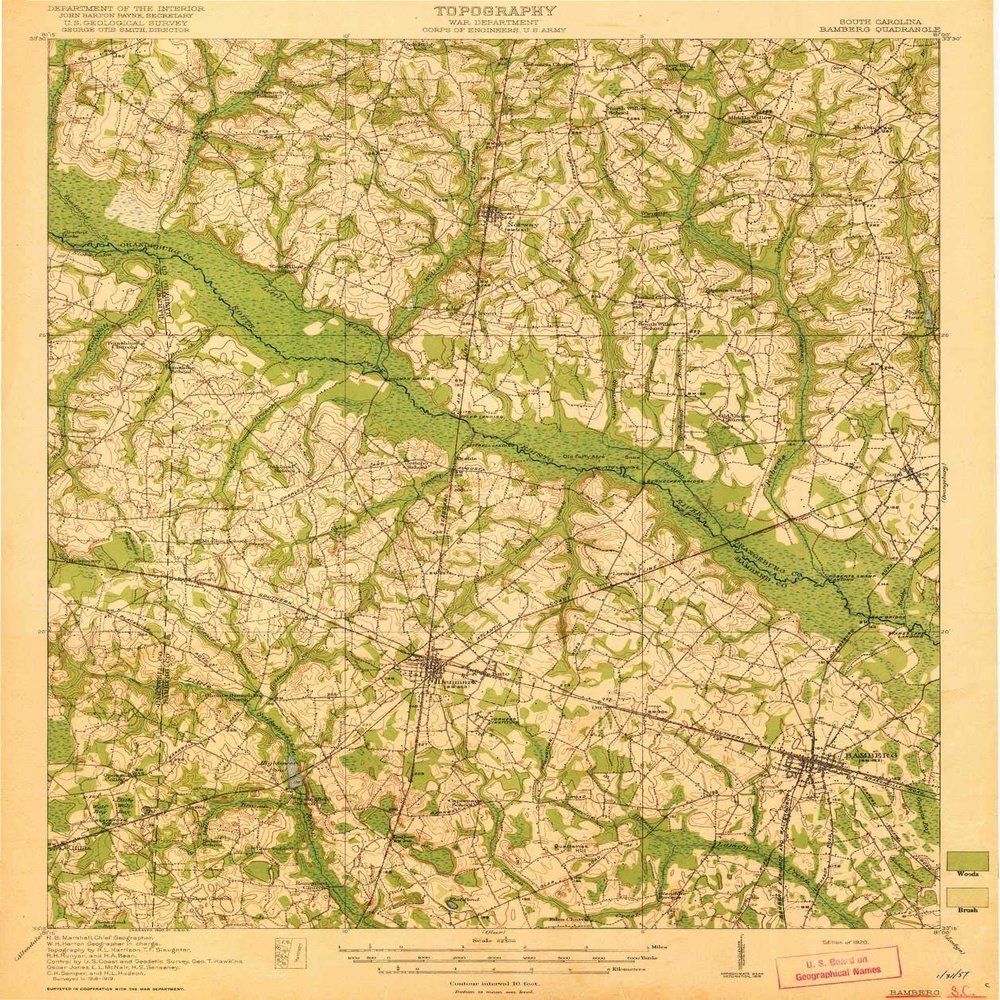 YellowMaps Bamberg SC topo map, 1:62500 Scale, 15 X 15 Minute, Historical, 1920, 19.6 x 16.4 in - Tyvek