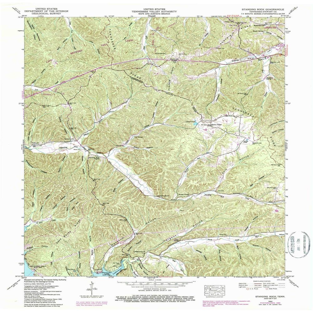 YellowMaps Standing Rock TN topo map, 1:24000 Scale, 7.5 X 7.5 Minute, Historical, 1950, Updated 1987, 27.3 x 22 in - Polypropylene