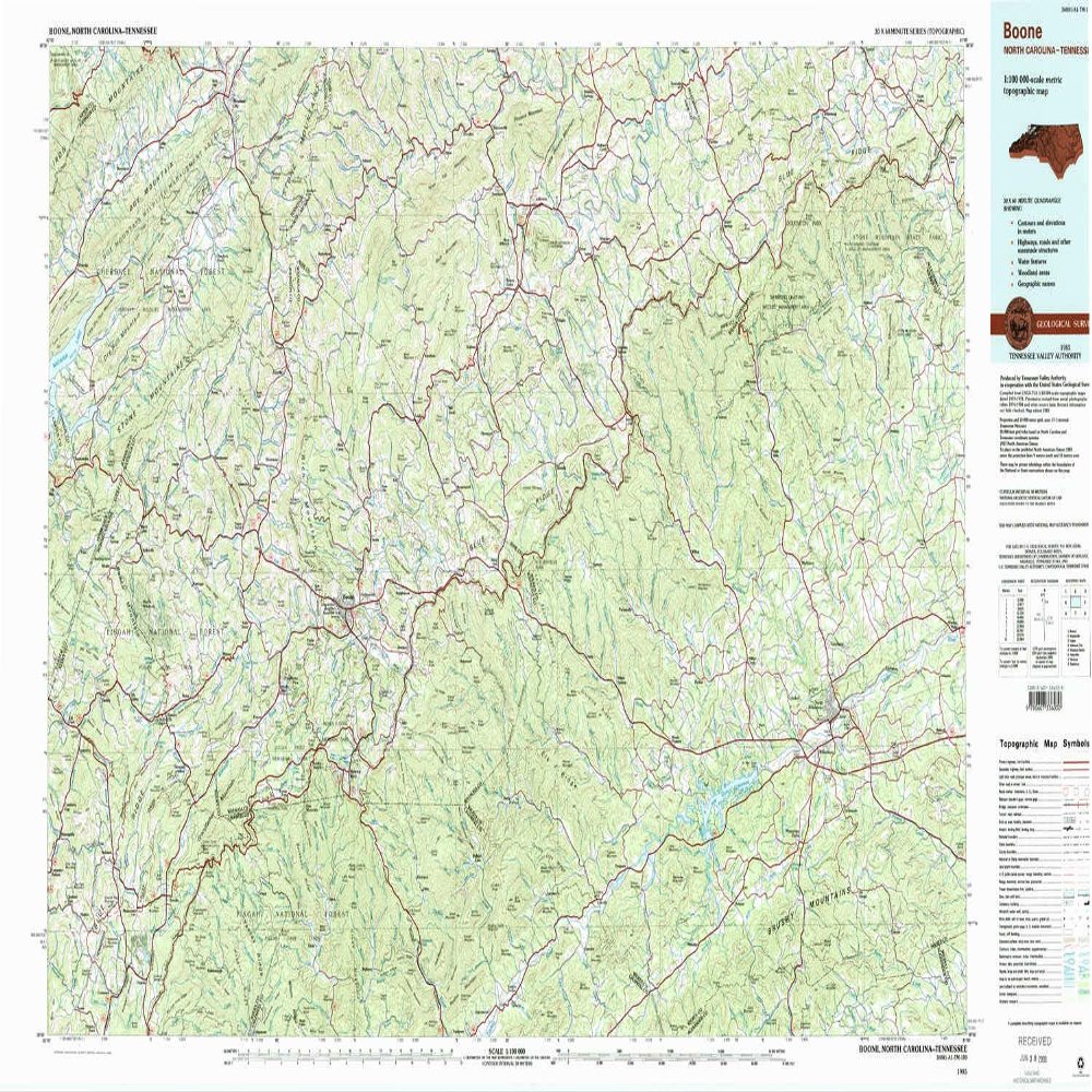 YellowMaps Boone NC topo map, 1:100000 Scale, 30 X 60 Minute, Historical, 1985, Updated 1986, 24.1 x 42.2 in - Tyvek