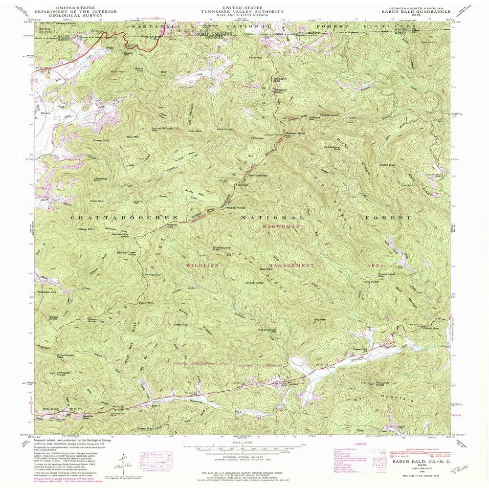 YellowMaps Rabun Bald GA topo map, 1:24000 Scale, 7.5 X 7.5 Minute, Historical, 1946, Updated 1980, 26.9 x 22 in - Polypropylene