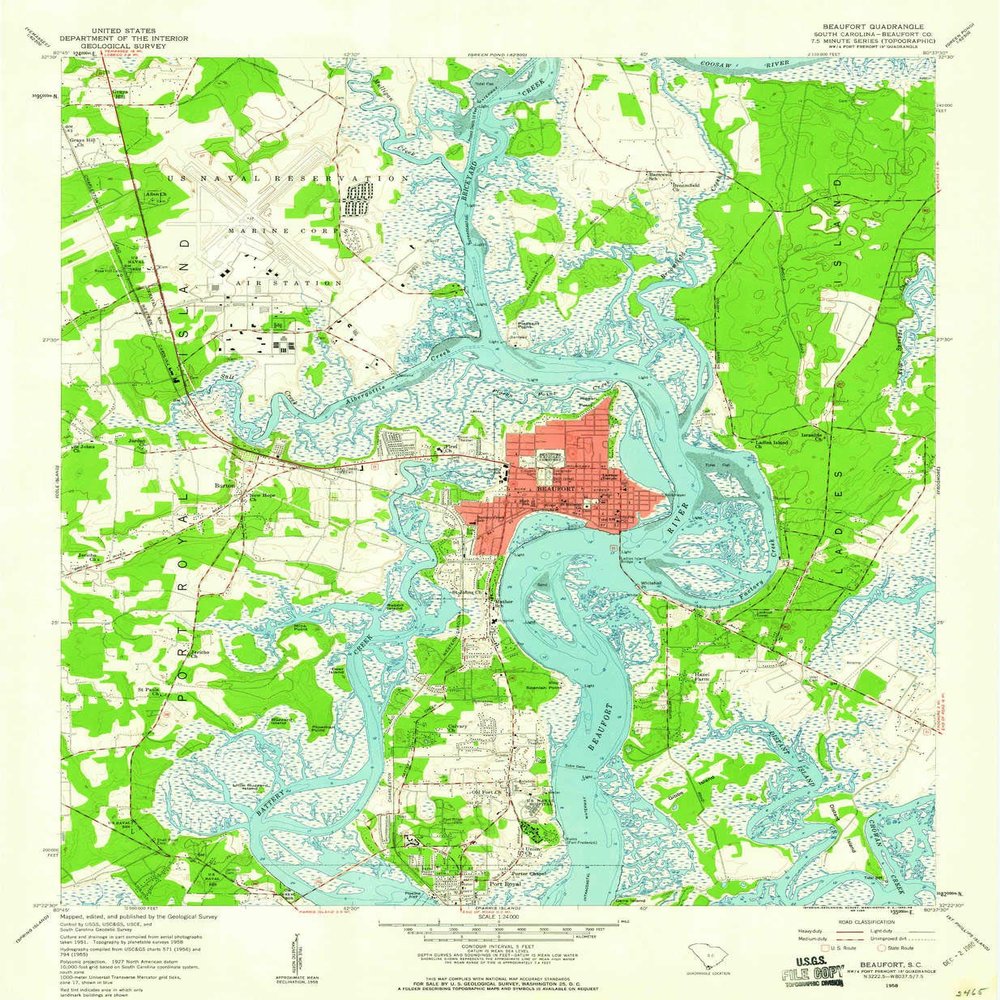 YellowMaps Beaufort SC topo map, 1:24000 Scale, 7.5 X 7.5 Minute, Historical, 1958, Updated 1960, 26.8 x 22.1 in - Polypropylene