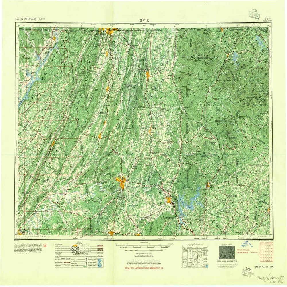YellowMaps Rome GA topo map, 1:250000 Scale, 1 X 2 Degree, Historical, 1955, 24.1 x 33.1 in - Polypropylene