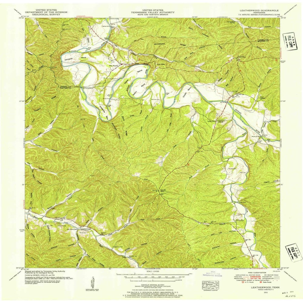 YellowMaps Leatherwood TN topo map, 1:24000 Scale, 7.5 X 7.5 Minute, Historical, 1951, Updated 1954, 27.4 x 22 in - Polypropylene