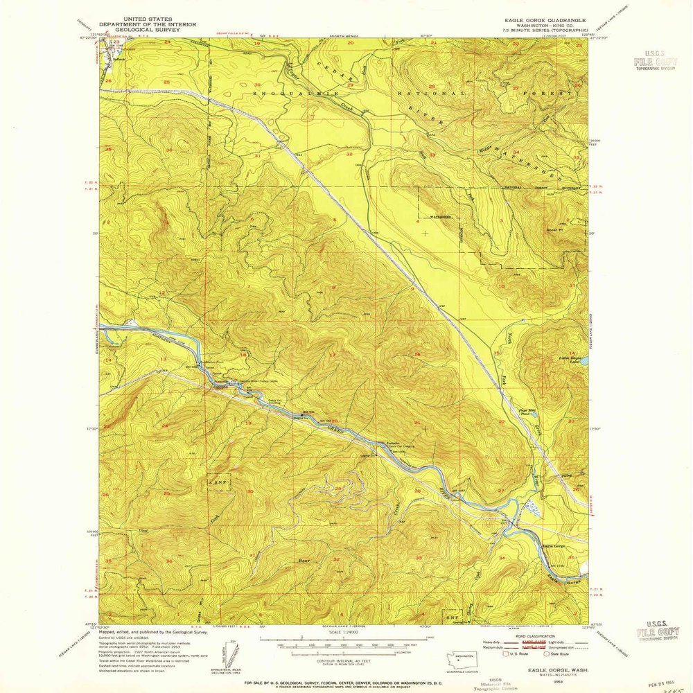 YellowMaps Eagle Gorge WA topo map, 1:24000 Scale, 7.5 X 7.5 Minute, Historical, 1953, Updated 1955, 26.9 x 22 in - Polypropylene