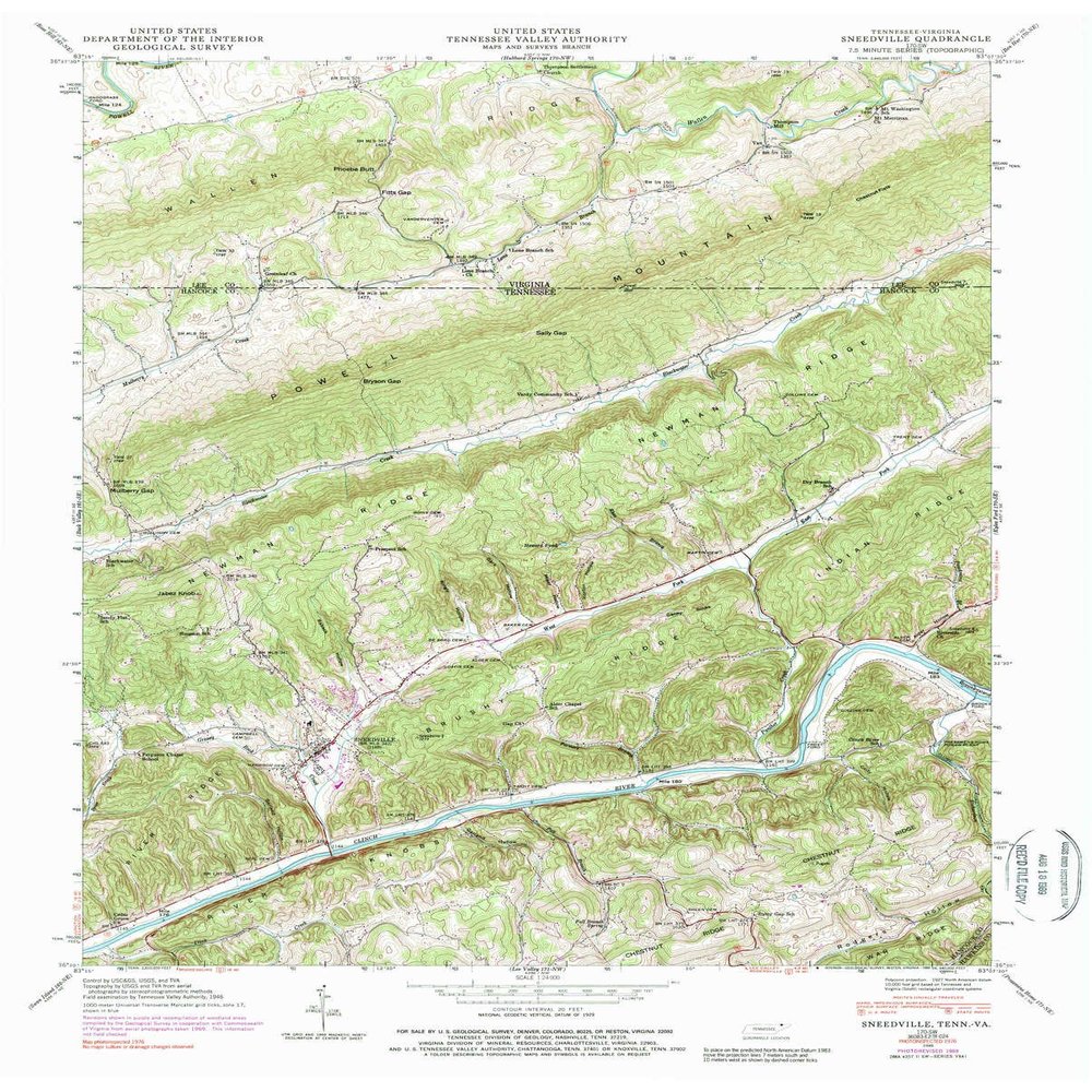 YellowMaps Sneedville TN topo map, 1:24000 Scale, 7.5 X 7.5 Minute, Historical, 1946, Updated 1989, 27.4 x 22 in - Tyvek