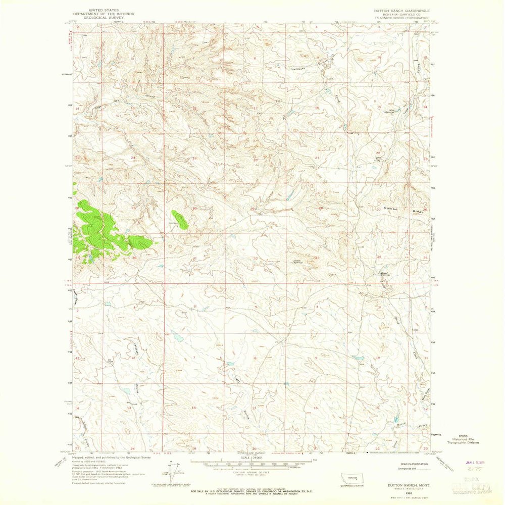 YellowMaps Dutton Ranch MT topo map, 1:24000 Scale, 7.5 X 7.5 Minute, Historical, 1963, Updated 1965, 26.9 x 22.1 in - Tyvek