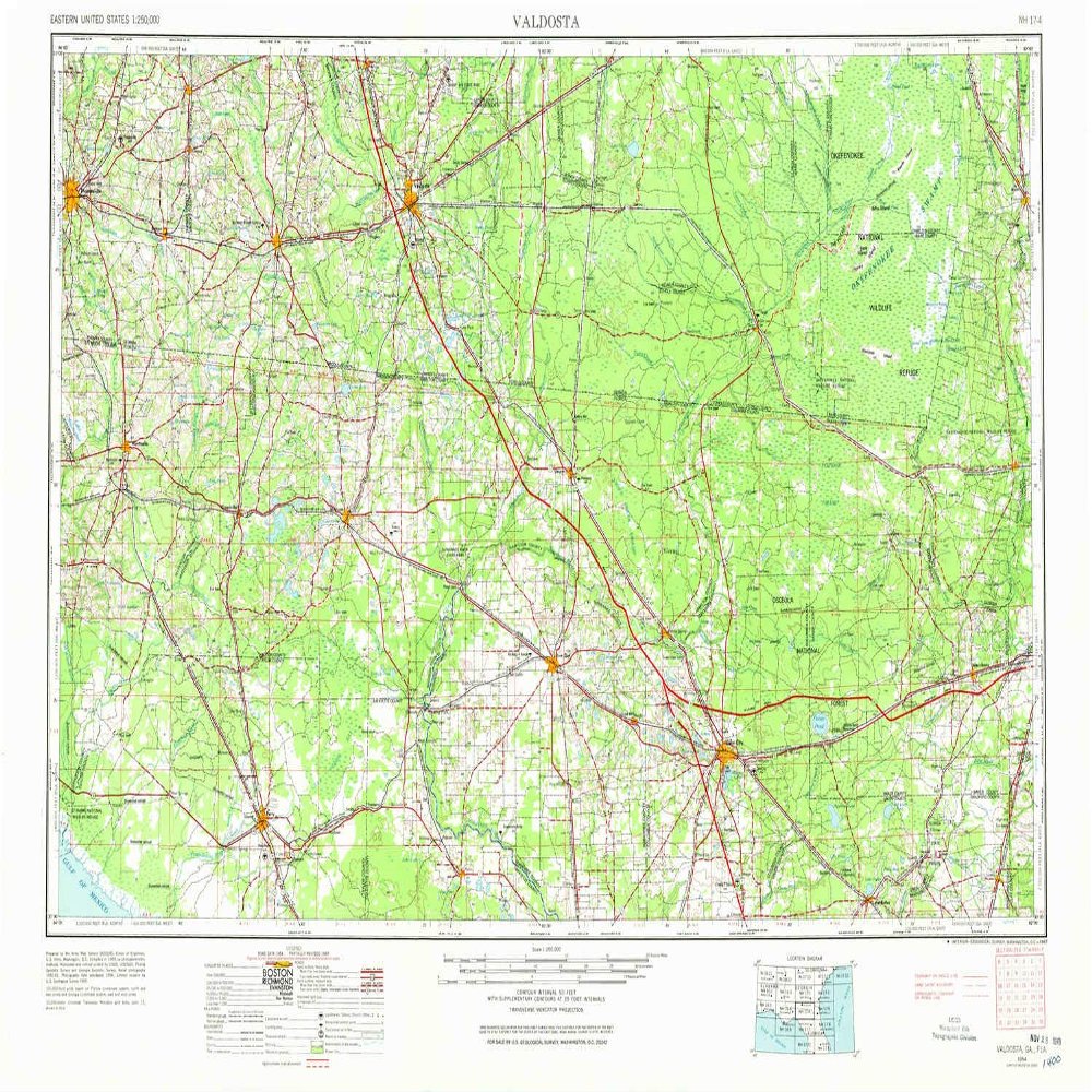 Valdosta GA topo map, 1:250000 Scale, 1 X 2 Degree, Historical, 1954, Updated 1967, 22.1 x 34 in - Polypropylene