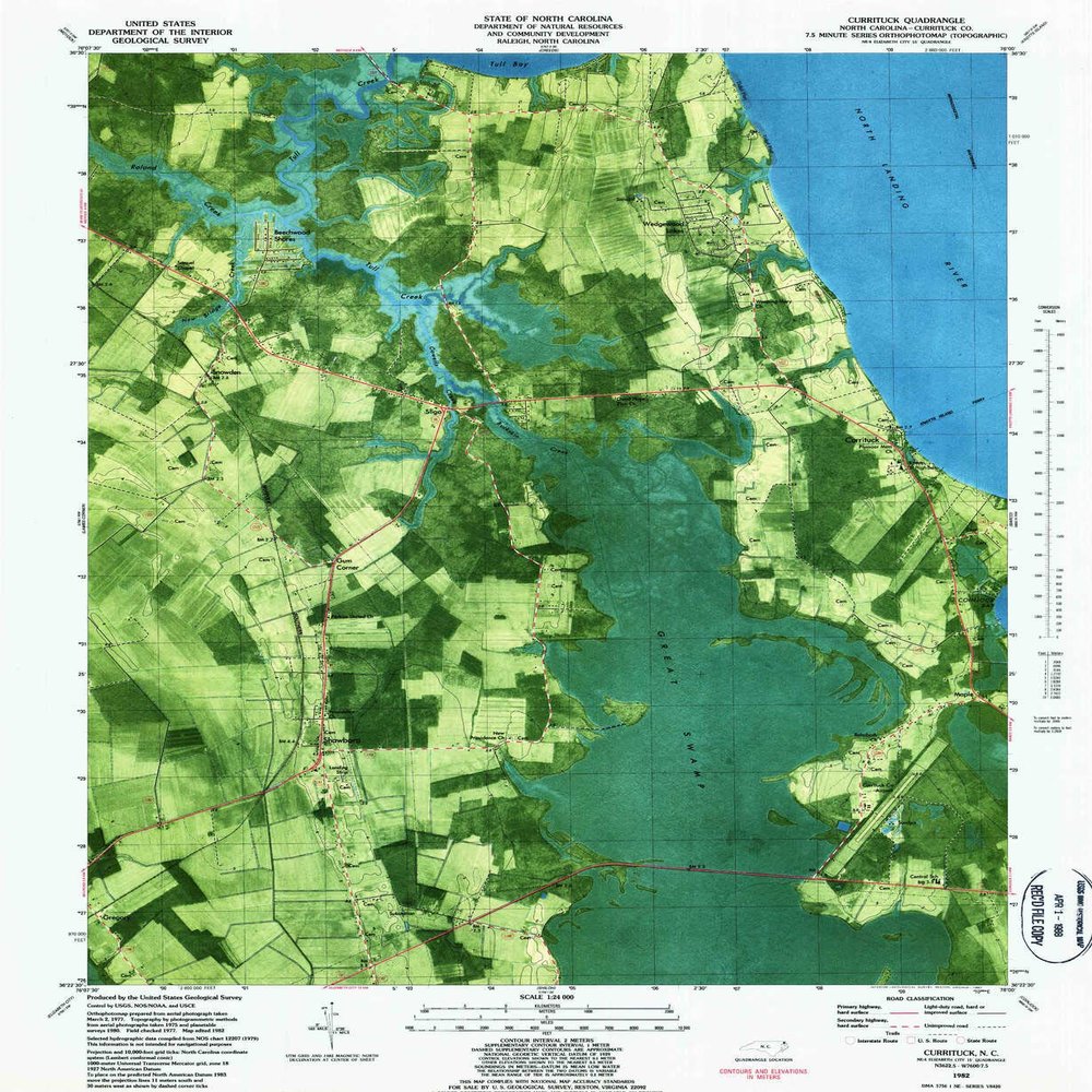 YellowMaps Currituck NC topo map, 1:24000 Scale, 7.5 X 7.5 Minute, Historical, 1982, Updated 1987, 26.5 x 21.8 in - Tyvek
