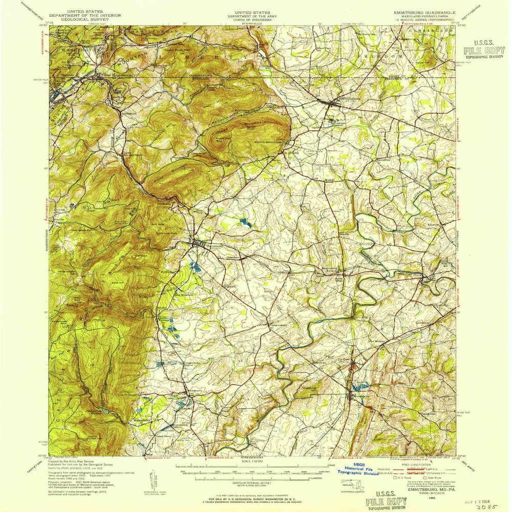 YellowMaps Emmitsburg MD topo map, 1:62500 Scale, 15 X 15 Minute, Historical, 1943, Updated 1954, 20.8 x 17 in - Polypropylene