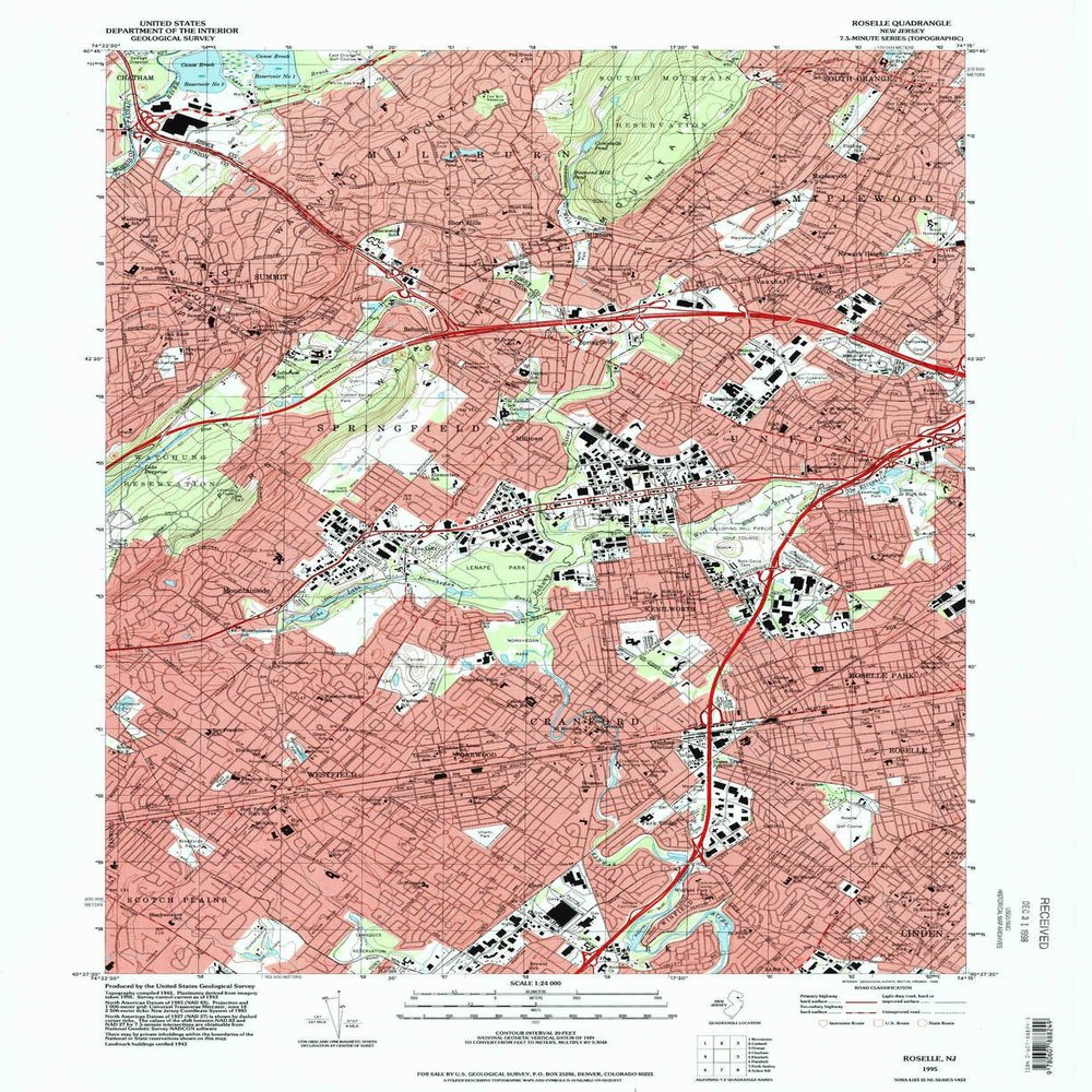 YellowMaps Roselle NJ topo map, 1:24000 Scale, 7.5 X 7.5 Minute, Historical, 1995, Updated 1998, 27 x 22 in - Polypropylene