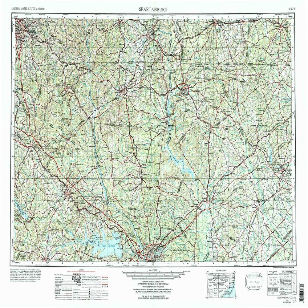 YellowMaps Spartanburg SC topo map, 1:250000 Scale, 1 X 2 Degree, Historical, 1953, Updated 1988, 22.2 x 32.1 in - Polypropylene