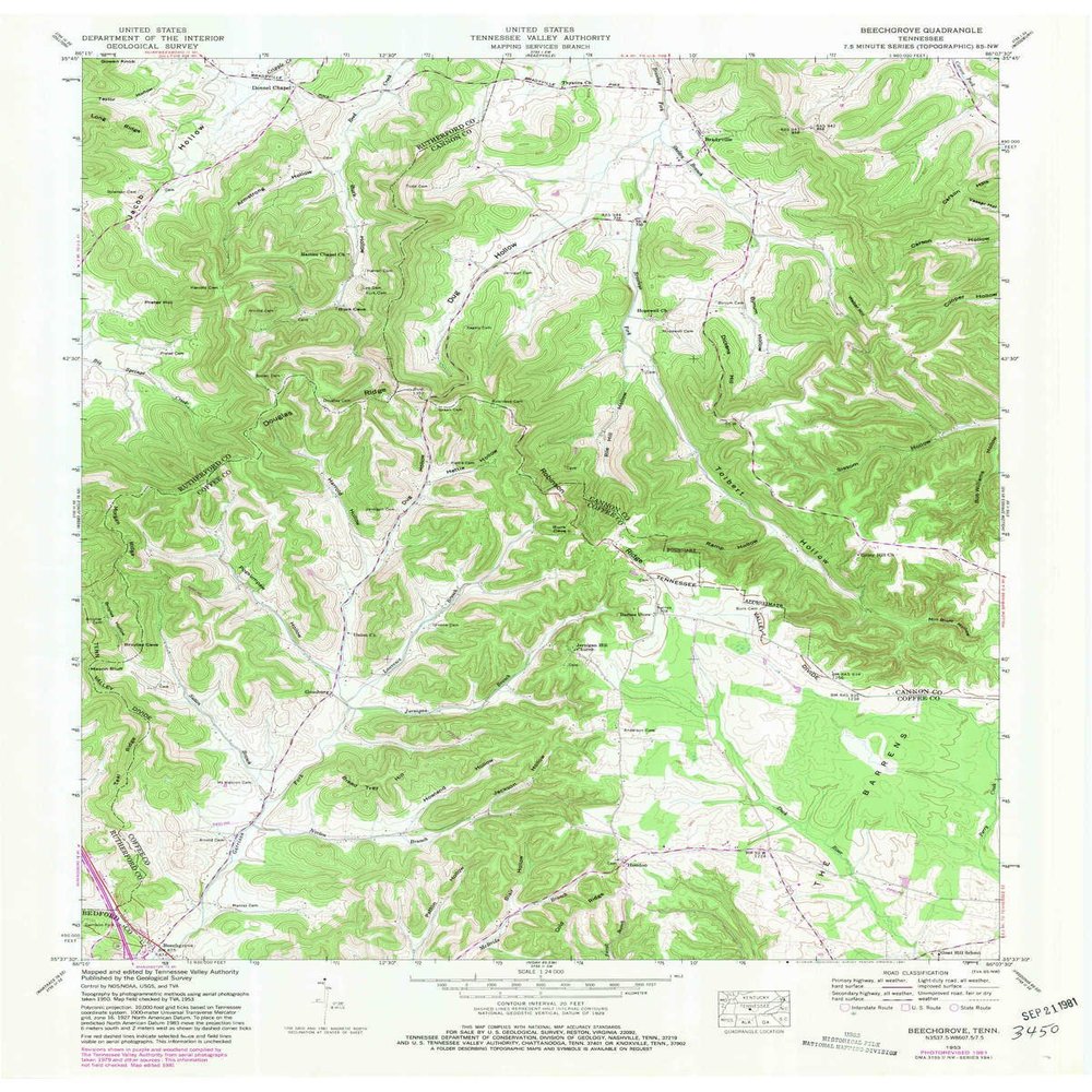 YellowMaps Beechgrove TN topo map, 1:24000 Scale, 7.5 X 7.5 Minute, Historical, 1953, Updated 1981, 27.5 x 22.1 in - Polypropylene