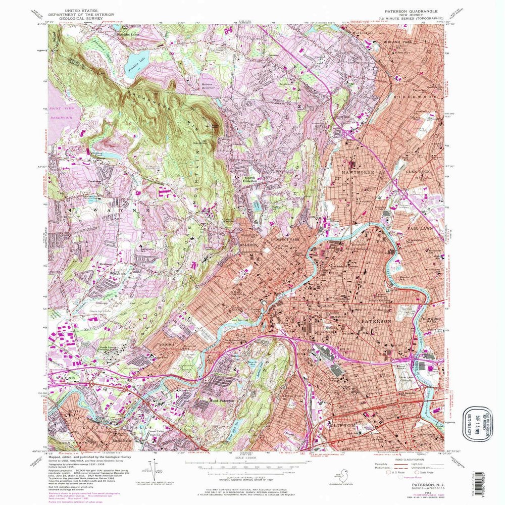 YellowMaps Paterson NJ topo map, 1:24000 Scale, 7.5 X 7.5 Minute, Historical, 1955, Updated 1982, 26.9 x 22 in - Tyvek