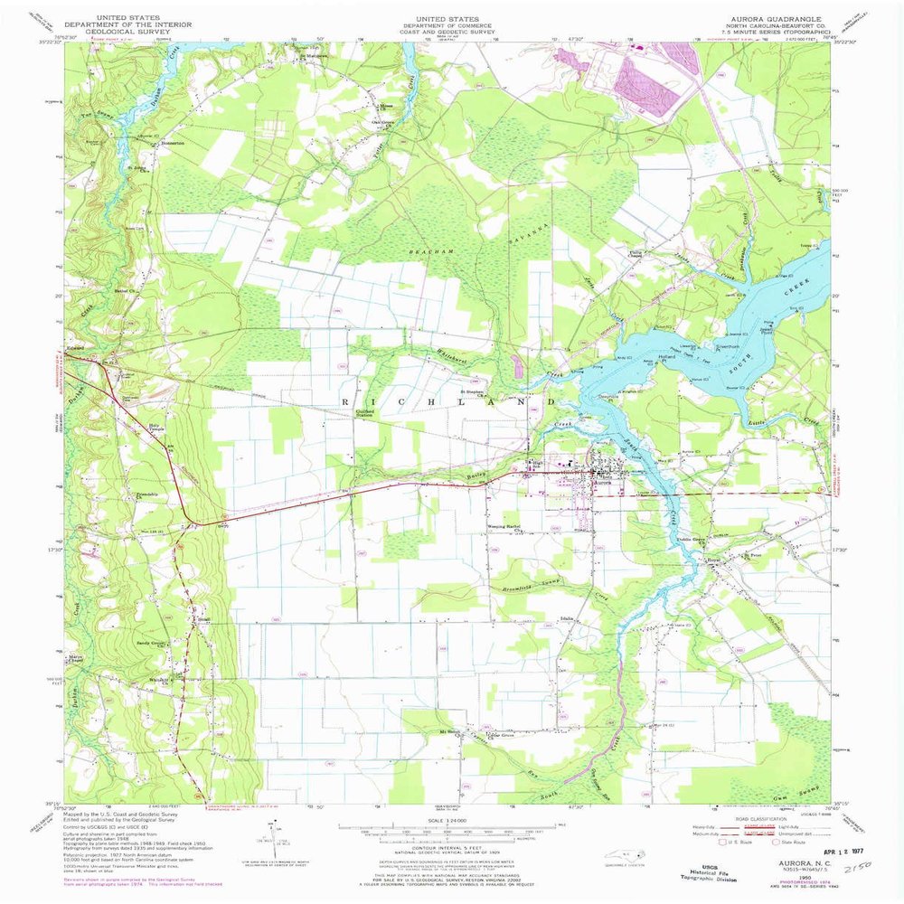 YellowMaps Aurora NC topo map, 1:24000 Scale, 7.5 X 7.5 Minute, Historical, 1950, Updated 1977, 27 x 22 in - Polypropylene