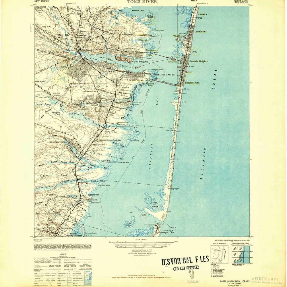YellowMaps Toms River NJ topo map, 1:62500 Scale, 15 X 15 Minute, Historical, 1948, 21.8 x 18 in - Tyvek