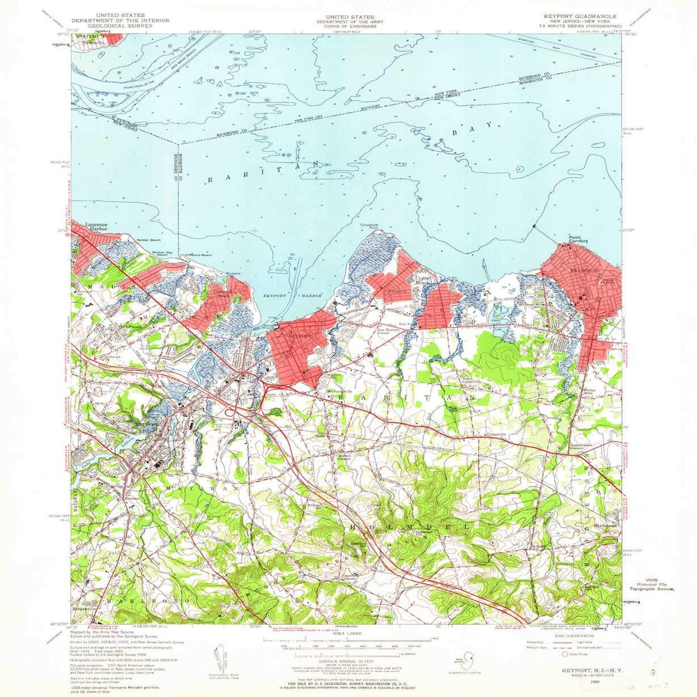 YellowMaps Keyport NJ topo map, 1:24000 Scale, 7.5 X 7.5 Minute, Historical, 1954, Updated 1962, 26.9 x 22 in - Polypropylene