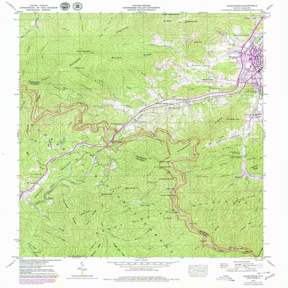 YellowMaps Hazelwood NC topo map, 1:24000 Scale, 7.5 X 7.5 Minute, Historical, 1941, Updated 1980, 26.9 x 22 in - Polypropylene