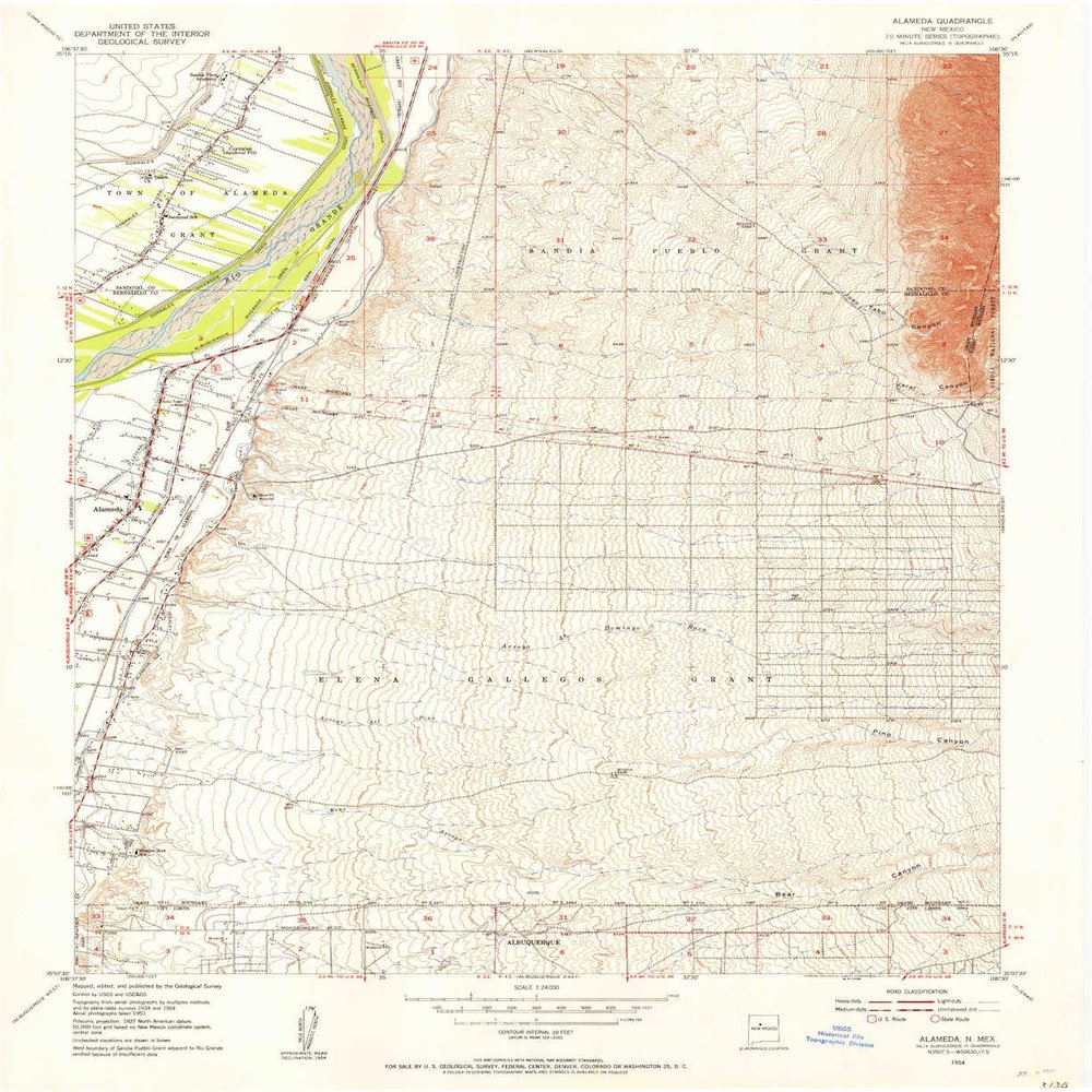 YellowMaps Alameda NM topo map, 1:24000 Scale, 7.5 X 7.5 Minute, Historical, 1954, Updated 1955, 27 x 22.1 in - Tyvek