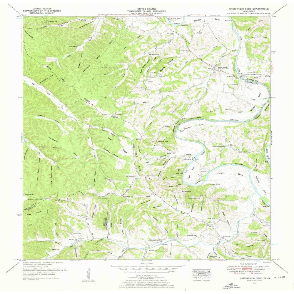 YellowMaps Greenfield Bend TN topo map, 1:24000 Scale, 7.5 X 7.5 Minute, Historical, 1951, Updated 1957, 27.5 x 22 in - Polypropylene