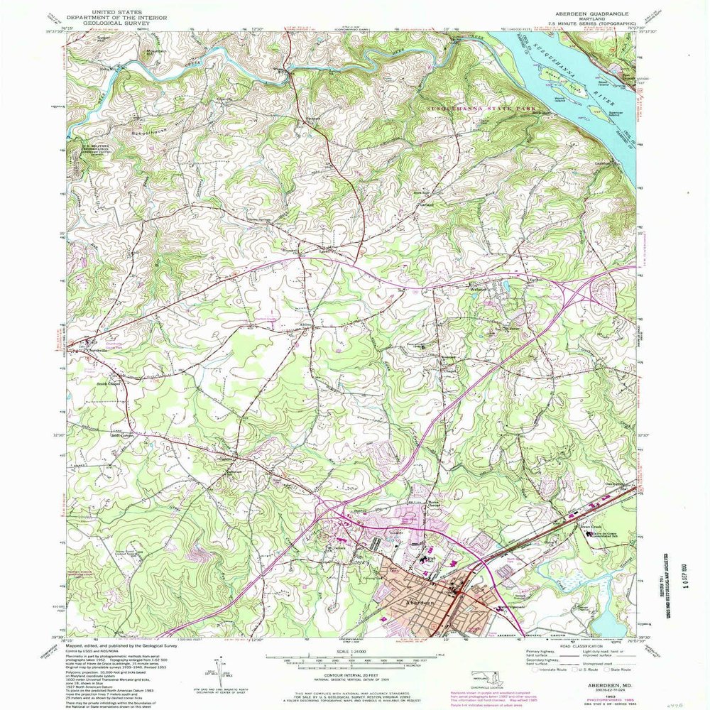 YellowMaps Aberdeen MD topo map, 1:24000 Scale, 7.5 X 7.5 Minute, Historical, 1953, Updated 1985, 26.7 x 22 in - Polypropylene