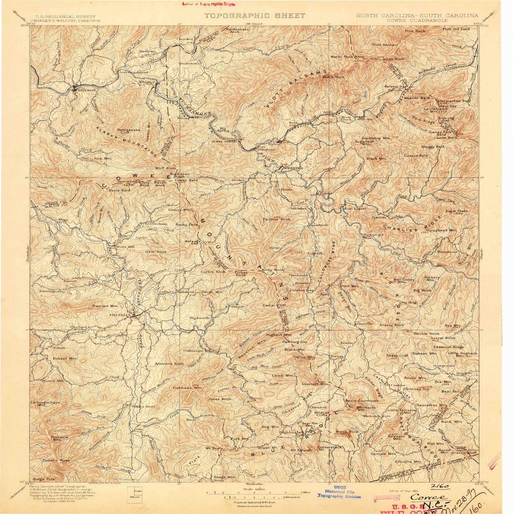 YellowMaps Cowee NC topo map, 1:125000 Scale, 30 X 30 Minute, Historical, 1897, 19.7 x 16.4 in - Polypropylene