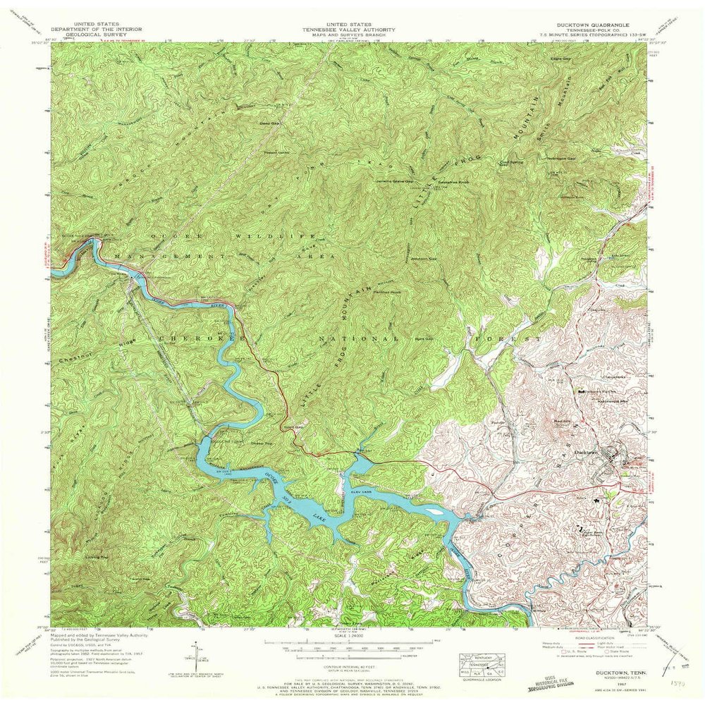 YellowMaps Ducktown TN topo map, 1:24000 Scale, 7.5 X 7.5 Minute, Historical, 1957, Updated 1972, 27.4 x 22.1 in - Polypropylene