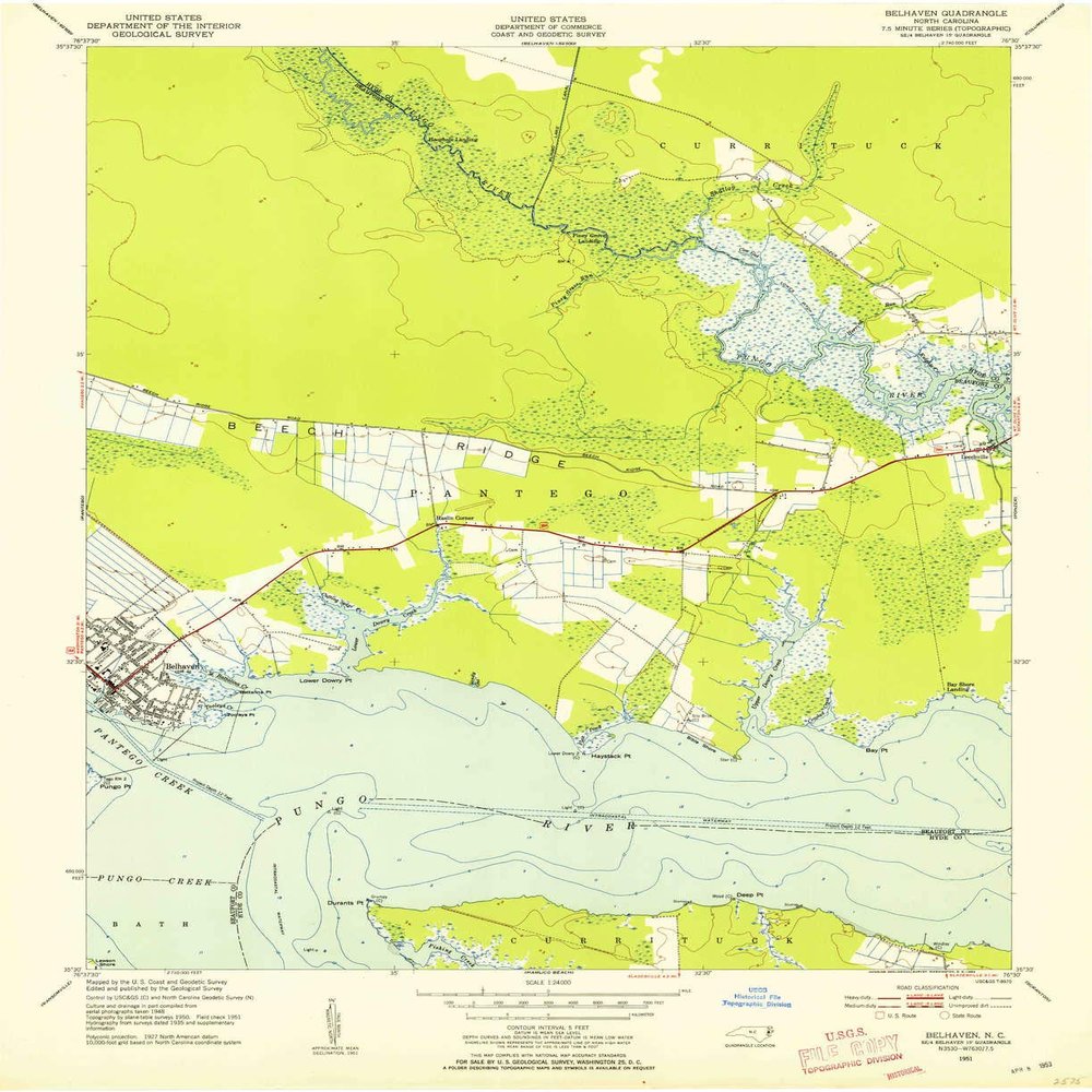 YellowMaps Belhaven NC topo map, 1:24000 Scale, 7.5 X 7.5 Minute, Historical, 1951, Updated 1953, 26.9 x 22 in - Polypropylene