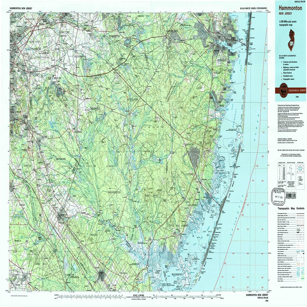 YellowMaps Hammonton NJ topo map, 1:100000 Scale, 30 X 60 Minute, Historical, 1984, Updated 1988, 24.1 x 40.2 in - Polypropylene