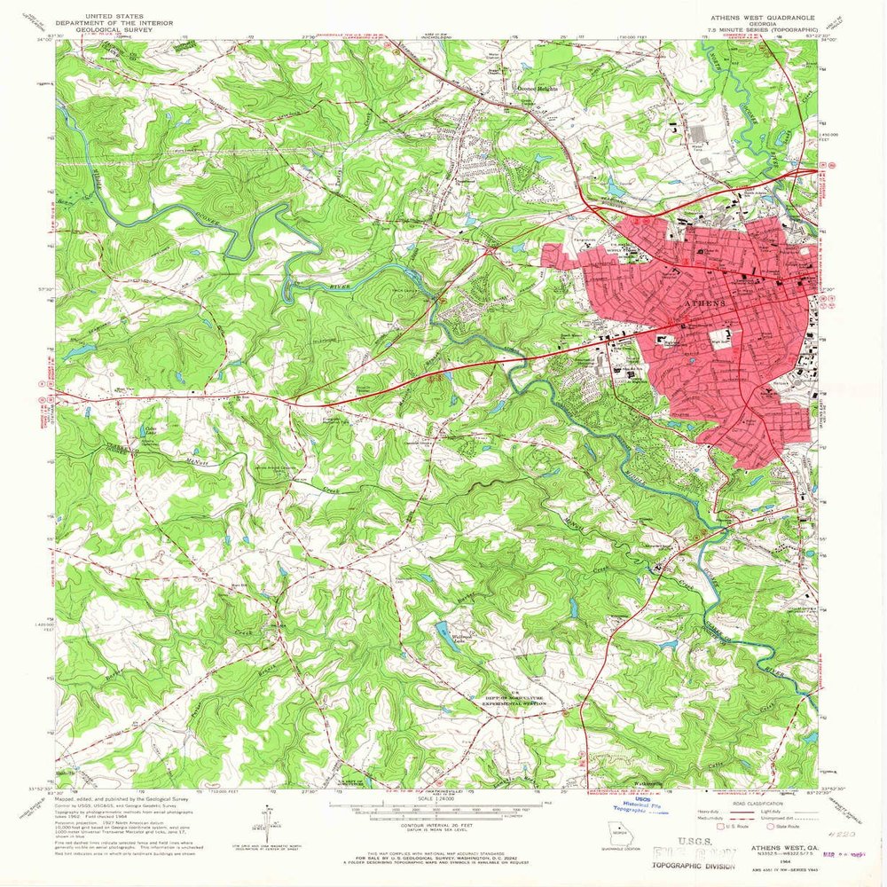 YellowMaps Athens West GA topo map, 1:24000 Scale, 7.5 X 7.5 Minute, Historical, 1964, Updated 1967, 26.9 x 22.1 in - Tyvek