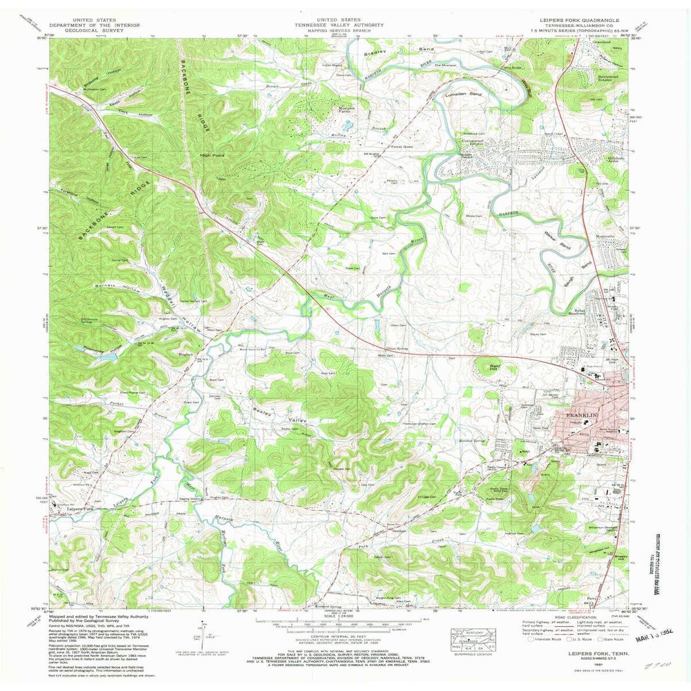 YellowMaps Leipers Fork TN topo map, 1:24000 Scale, 7.5 X 7.5 Minute, Historical, 1981, Updated 1988, 27.5 x 22 in - Polypropylene