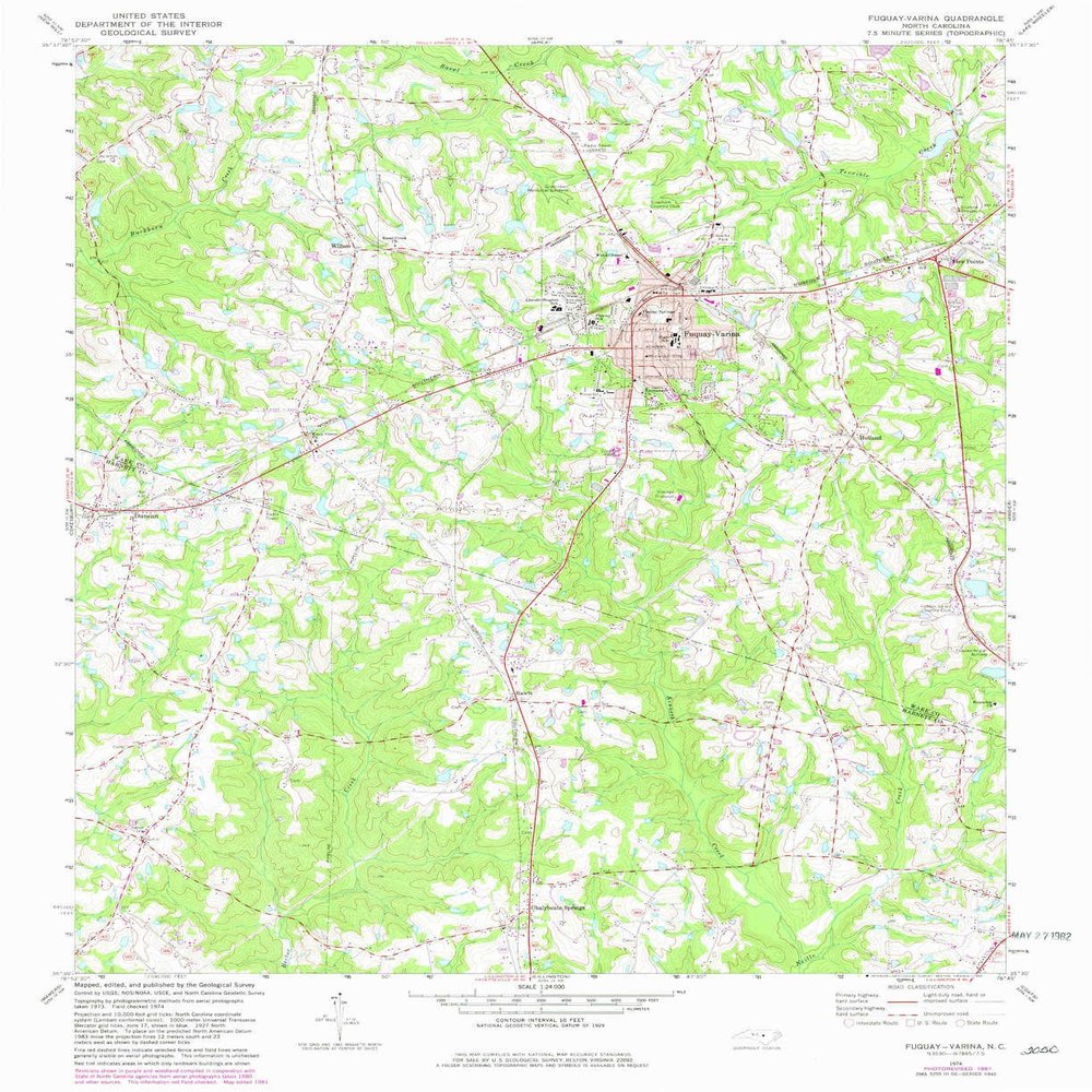 YellowMaps Fuquay Varina NC topo map, 1:24000 Scale, 7.5 X 7.5 Minute, Historical, 1974, Updated 1982, 26.7 x 21.7 in - Polypropylene