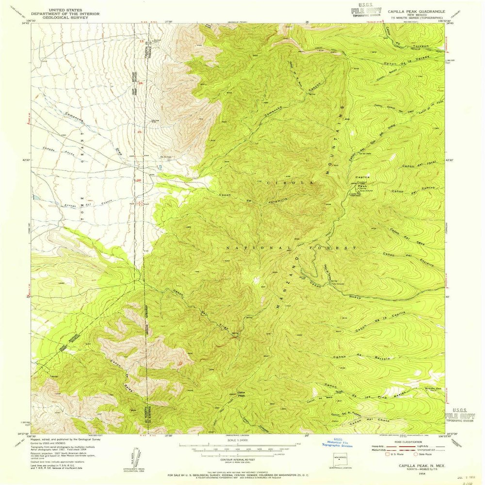 YellowMaps Capilla Peak NM topo map, 1:24000 Scale, 7.5 X 7.5 Minute, Historical, 1954, Updated 1955, 26.9 x 22 in - Polypropylene