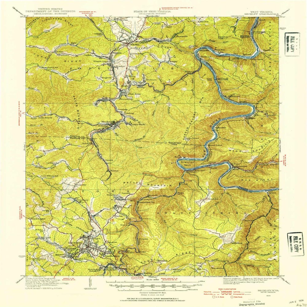 YellowMaps Beckley WV topo map, 1:62500 Scale, 15 X 15 Minute, Historical, 1929, Updated 1954, 20.7 x 16.8 in - Polypropylene