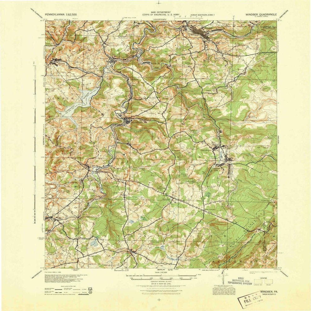 YellowMaps Windber PA topo map, 1:62500 Scale, 15 X 15 Minute, Historical, 1944, Updated 1944, 21.9 x 18 in - Polypropylene