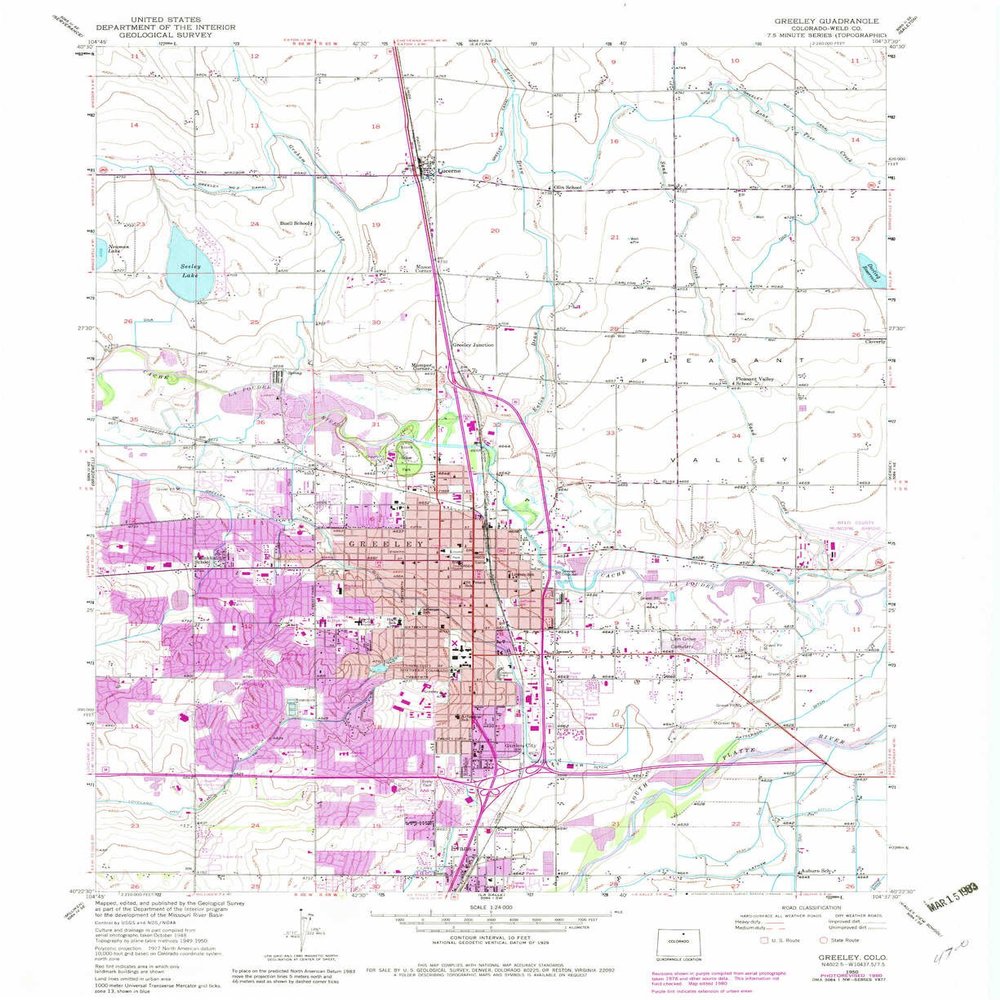 YellowMaps Greeley CO topo map, 1:24000 Scale, 7.5 X 7.5 Minute, Historical, 1950, Updated 1983, 26.9 x 22 in - Polypropylene