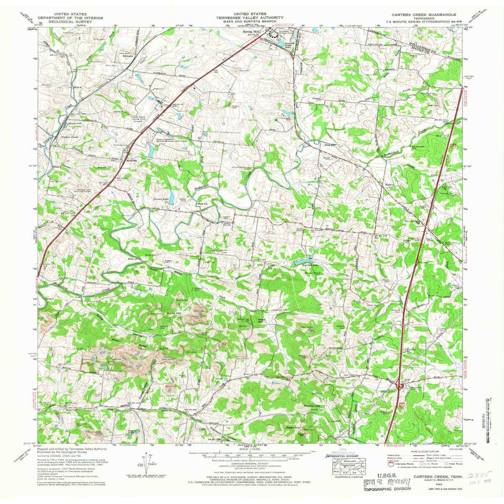 YellowMaps Carters Creek TN topo map, 1:24000 Scale, 7.5 X 7.5 Minute, Historical, 1965, Updated 1967, 27.5 x 22 in - Tyvek