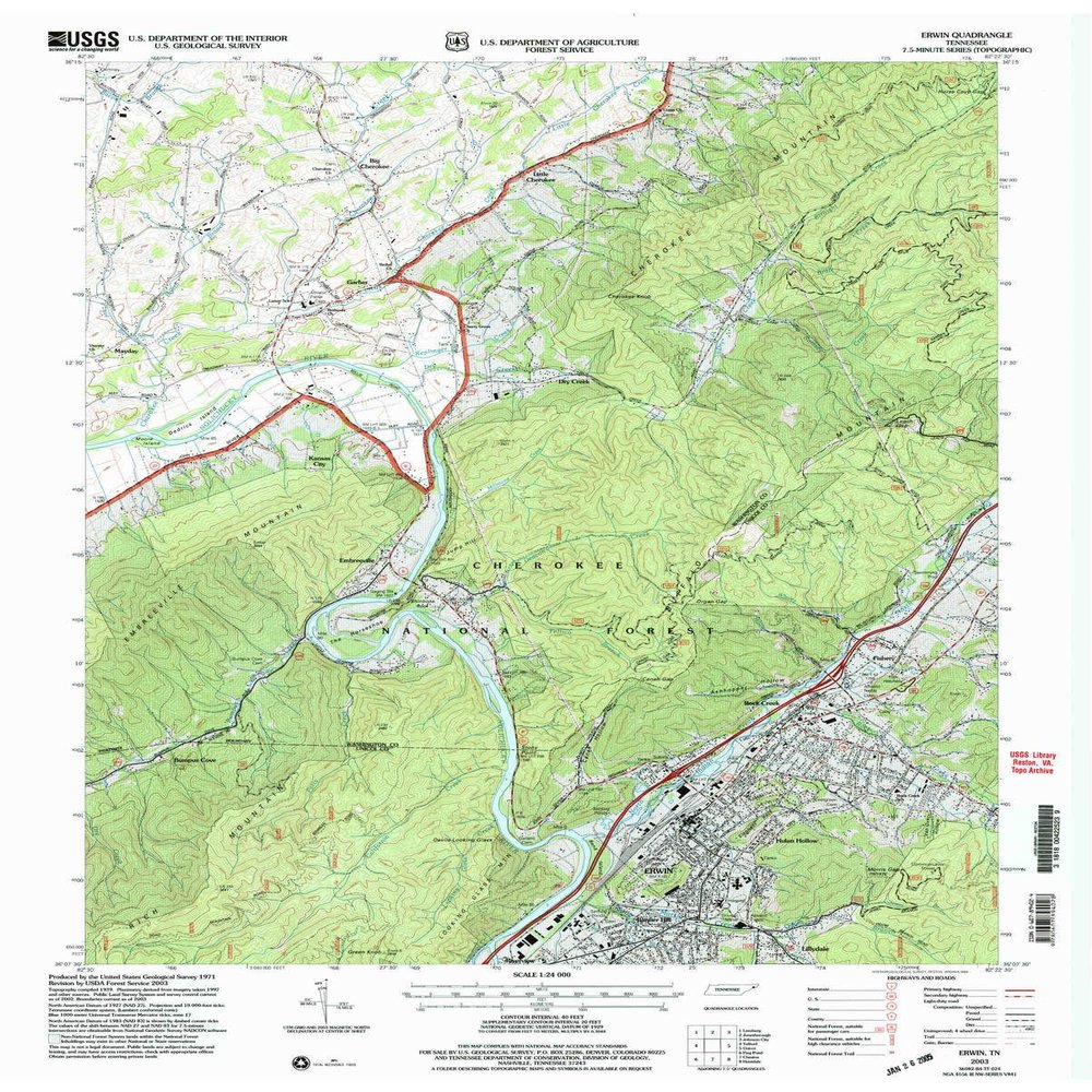 YellowMaps Erwin TN topo map, 1:24000 Scale, 7.5 X 7.5 Minute, Historical, 2003, Updated 2004, 27.4 x 22 in - Polypropylene