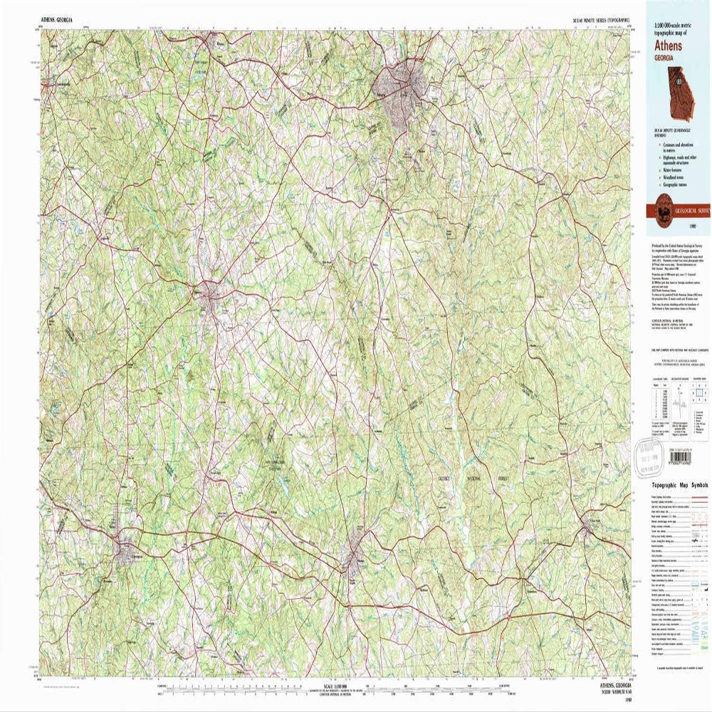 YellowMaps Athens GA topo map, 1:100000 Scale, 30 X 60 Minute, Historical, 1980, Updated 1981, 24 x 44 in - Polypropylene