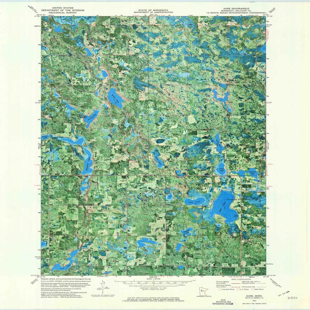 YellowMaps Aure MN topo map, 1:24000 Scale, 7.5 X 7.5 Minute, Historical, 1972, Updated 1974, 27.4 x 21.4 in - Polypropylene