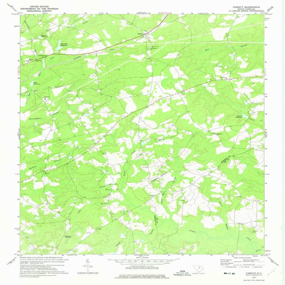 YellowMaps Cassatt SC topo map, 1:24000 Scale, 7.5 X 7.5 Minute, Historical, 1970, Updated 1975, 26.9 x 22 in - Polypropylene