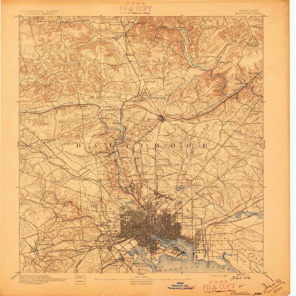 YellowMaps Baltimore MD topo map, 1:62500 Scale, 15 X 15 Minute, Historical, 1894, Updated 1896, 20.2 x 16.5 in - Polypropylene