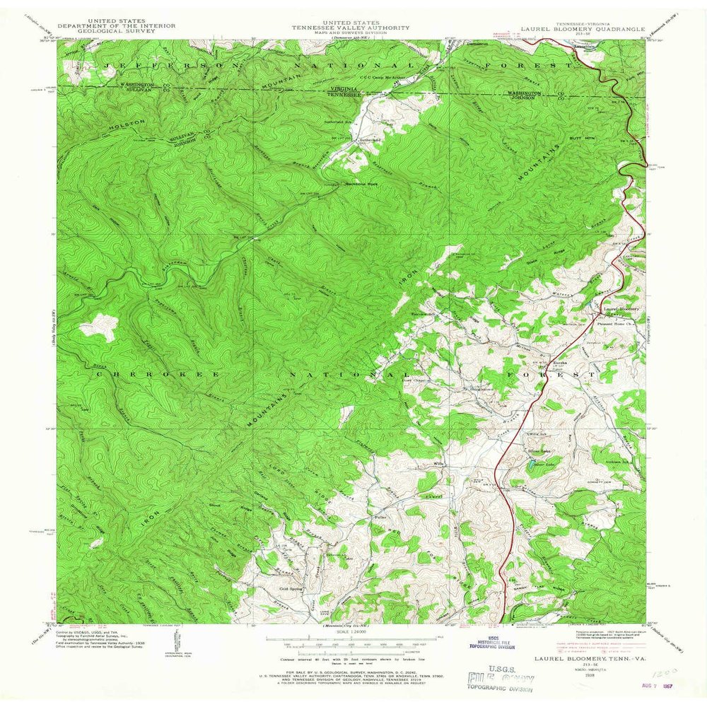 YellowMaps Laurel Bloomery TN topo map, 1:24000 Scale, 7.5 X 7.5 Minute, Historical, 1938, Updated 1967, 27.5 x 22 in - Polypropylene
