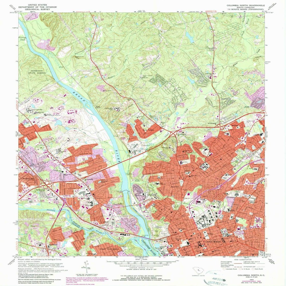 YellowMaps Columbia North SC topo map, 1:24000 Scale, 7.5 X 7.5 Minute, Historical, 1972, Updated 1990, 26.7 x 22 in - Tyvek
