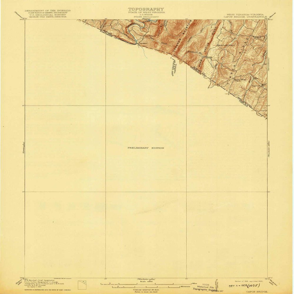 YellowMaps Capon Bridge WV topo map, 1:62500 Scale, 15 X 15 Minute, Historical, 1916, Updated 1920, 19.9 x 16.5 in - Tyvek