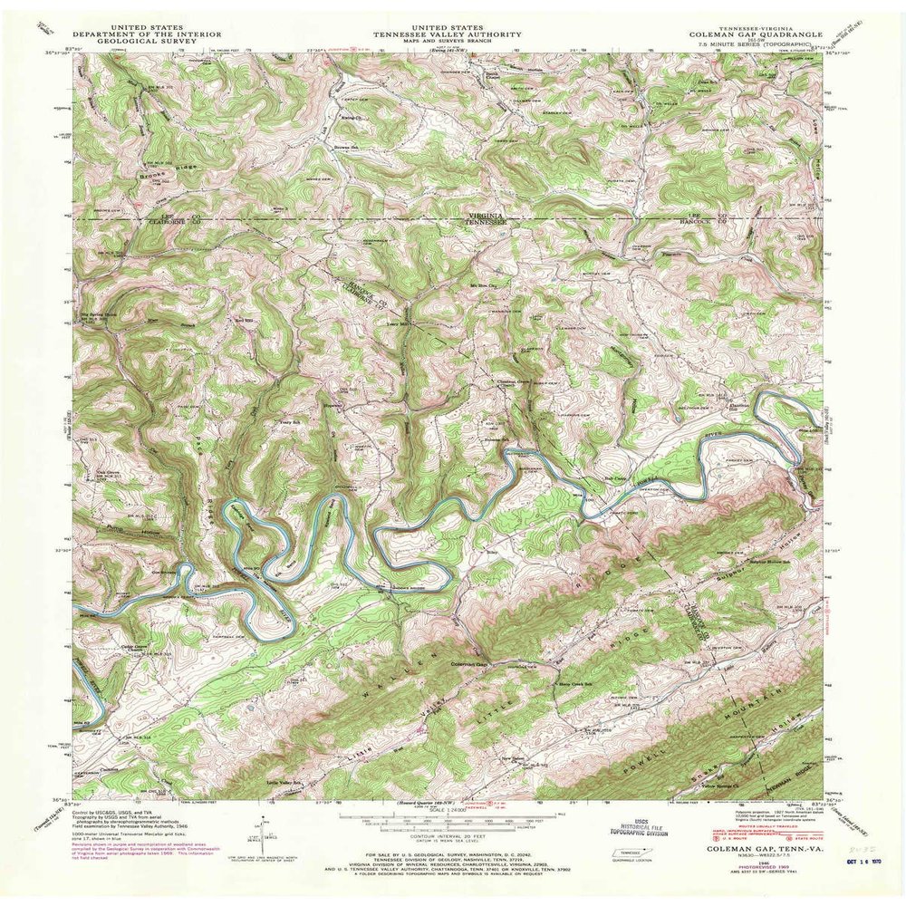 YellowMaps Colemen Gap TN topo map, 1:24000 Scale, 7.5 X 7.5 Minute, Historical, 1946, Updated 1970, 27.5 x 22.1 in - Polypropylene